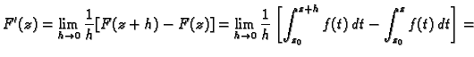 $\displaystyle F'(z)=\lim_{h \rightarrow 0} \frac{1}{h}[F(z+h)-F(z)]=
\lim_{h \r...
...ow 0}
\frac{1}{h}\left[\int_{z_0}^{z+h} f(t)\,dt-\int_{z_0}^z f(t)\,dt\right]=$